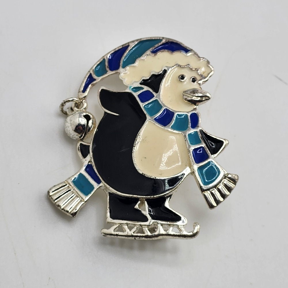 Vintage Brooch Whimsical Winter Enamel PENGUIN Skating Pin Silvertone,‎ Blue
